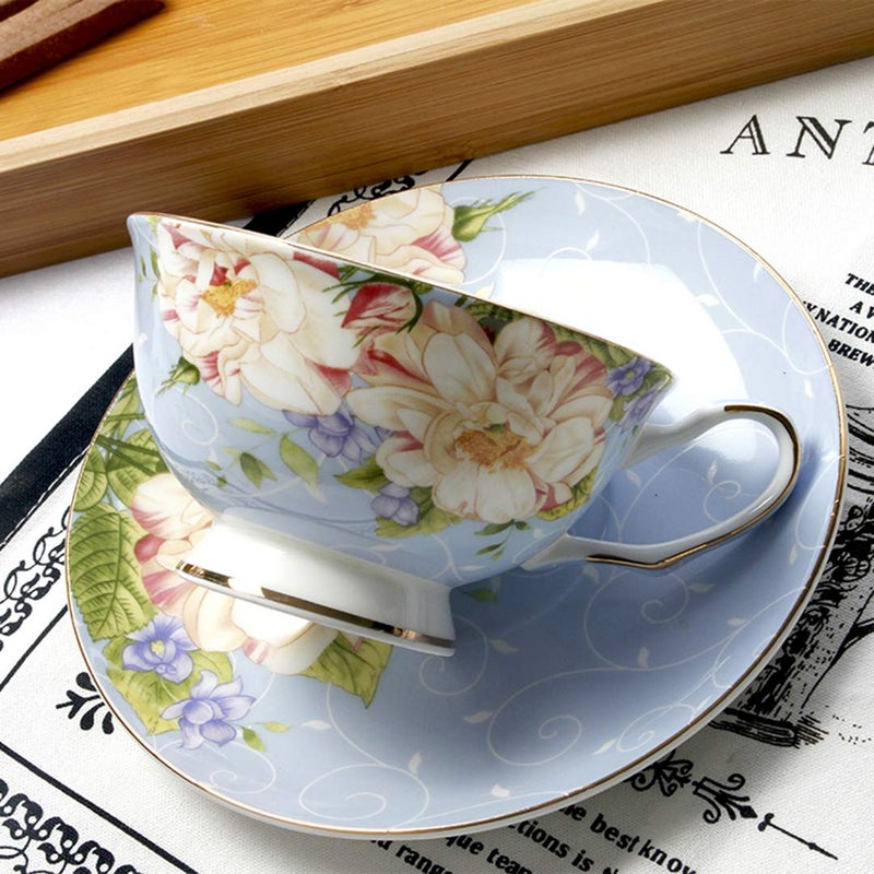 JinGlory Blue Tea Cup,Floral Tea Cup and Saucer Set,Bone China Tea Set,Coffee Cup,Tea Set for Adults/Friends/Women/Men,7OZ - Image 2